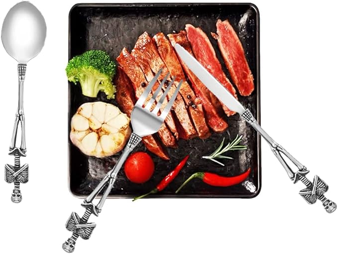 Skeleton Skull Silverware Set, LOYEH Stainless Steel Spoon Fork and Knife Flatware Tableware Design Modern Look Great Gifts For Halloween Easter and Christmas (SKULL - 3 IN ONE)
