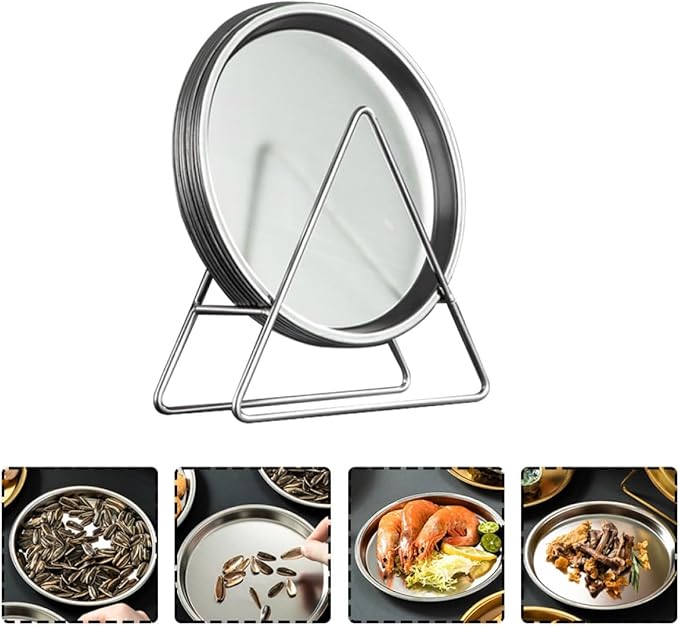 Stainless Steel Roast Meat Plates and Snack Holders Set of 6 with Storage Rack, Modern Silver round Food Serving Trays for Home and Restaurant Use