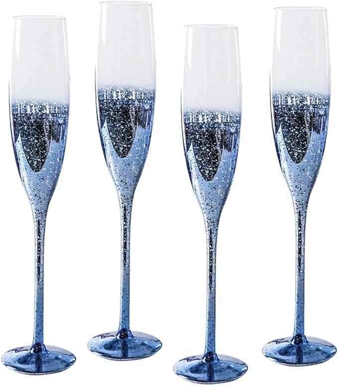 Creative Colored Crystal Glass Red Wine Glasses Set of 2 Champagne Flute - Starry Sky Barware，for Wine and Champagne (6, Champagne Flute-Blue Starry Sky)