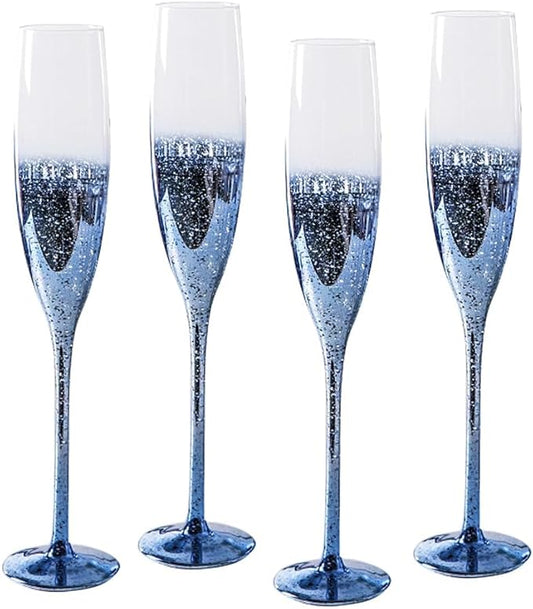 Creative Colored Crystal Glass Red Wine Glasses Set of 2 Champagne Flute - Starry Sky Barware，for Wine and Champagne (6, Champagne Flute-Blue Starry Sky)