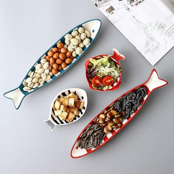 Ceramic Fish Shaped Serving Dish, Red and White Striped Pattern, Appetizer Snack Plate, Microwave Dishwasher Safe, 12x7 Inch (Red Stripes)
