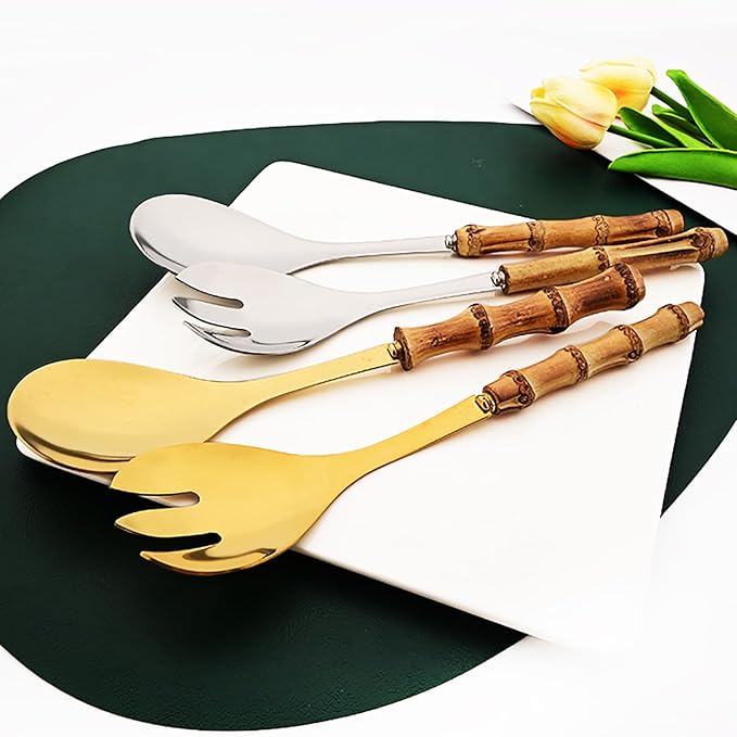 4PCS Serving Fork, 18/10 Stianless Steel Silver Resuable Serving Utensils With Bamboo Handle, Buffet Banquet Seafood Fork, 10-inch