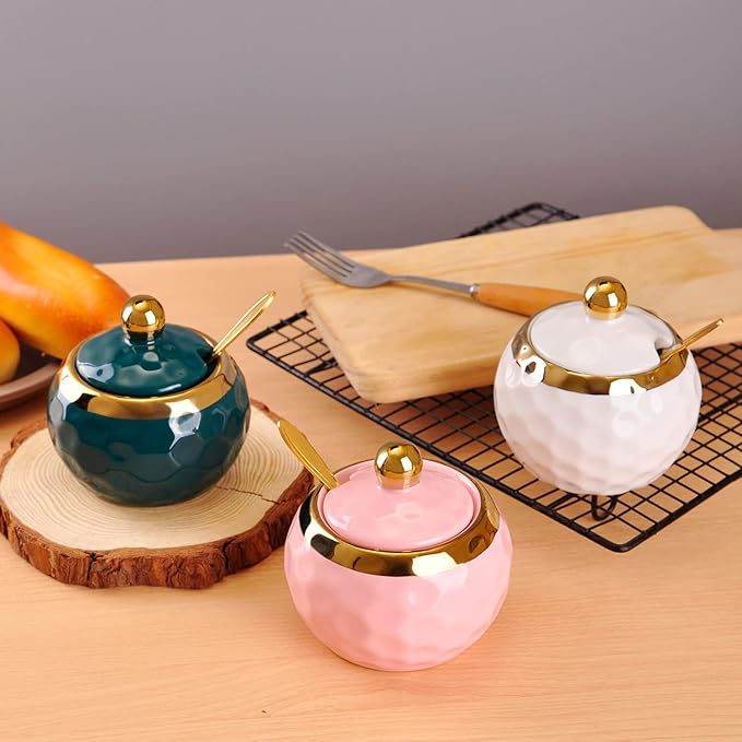 WHJY Ceramic Sugar Bowl with Lid and Spoon, Golf Design Porcelain Salt Bowl Salt Container, Modern Spice Box Seasoning Jar for Home and Kitchen Coffee Bar - Pink