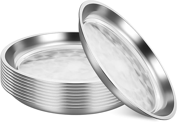 10 Pack Stainless Steel Round Serving Tray, 12 Inch Silver Serving Bar Serving Platter Sturdy Silver Metal Display Tray for Coffee Table Party Club Home Ottoman