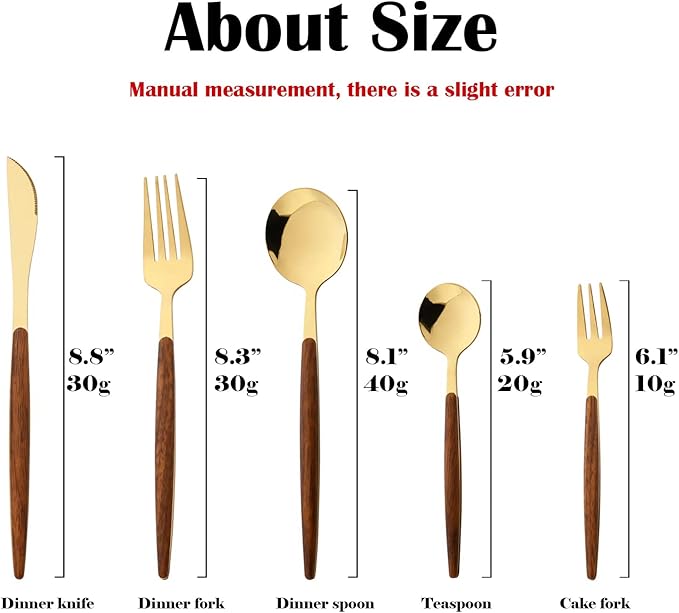 20-piece Wood Silverware Set for 4, Include Knife Fork Spoon, Stainless Steel Flatware Set with Wooden Handle, Mirror, Dishwasher Safe, for Home Kitchen Travel - Round Handle Gold