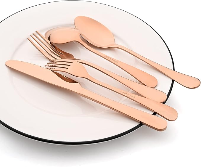 35-Piece Copper Flatware Set With Serving Set, 18/0 Stainless Steel Cutlery Set Service For 6, Mirror Polished, Dishwasher Safe