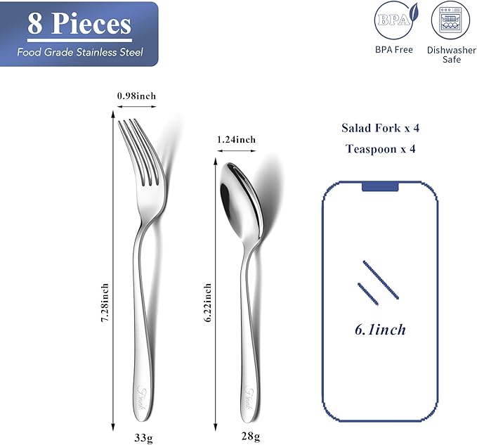 Personalized Dessert Forks and Spoons Silverware Set, 8 Piece Custom Text Engraved Stainless Steel Flatware Cutlery Sets, Mirror Polished Salad Fork and Teaspoon Set