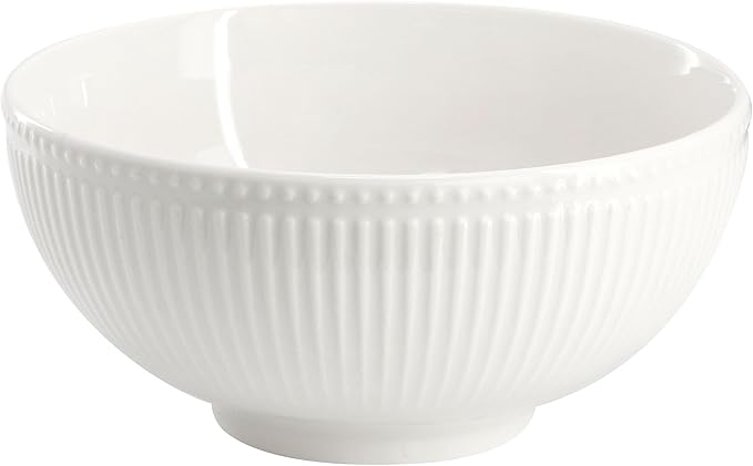 Elama Kate 16 Piece Textured Trim Double Bowl Porcelain White Dinnerware Set, Serveware, Tableware, Bowls, Plate Set (Kate)
