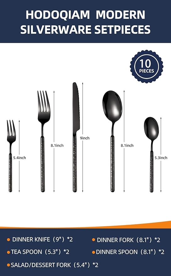 20-Piece Silverware Set, Stainless Steel Flatware Set for 4, Modern Hammered Utensil Tableware Set Include Dinner Knife/Fork/Spoon, Mirror Finish, Dishwasher Safe (10, black)