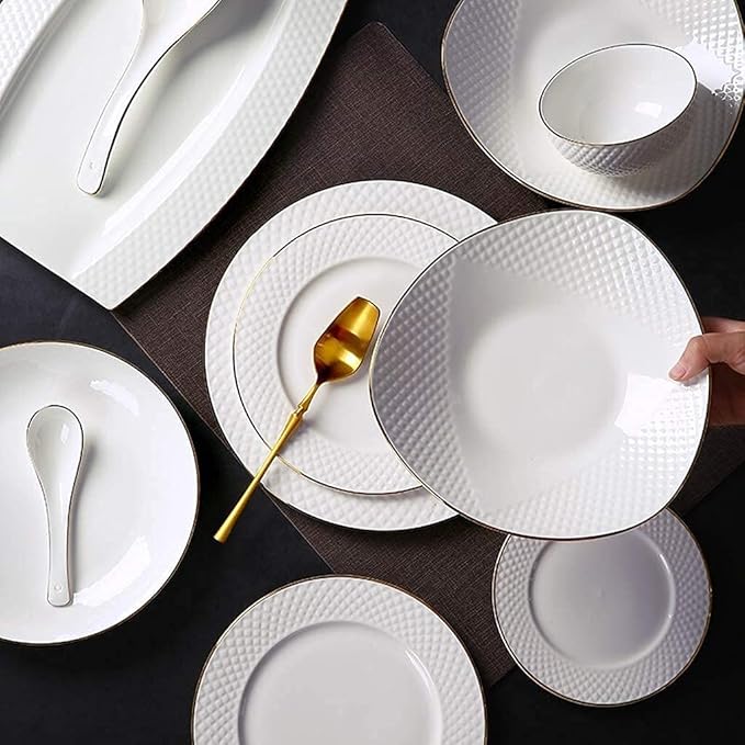 Ceramic Tableware Set, 49 Pieces Of White Embossed Porcelain, Suitable For Microwave Oven And Dishwasher, 45 Pieces Of Bone Meal Healthy Tableware