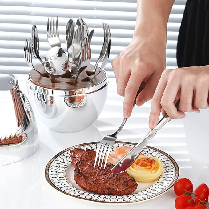24pcs Stainless Steel Flatware Set, Rose Shape Cutlery Set, Mirror Polished Tableware Eating Utensils Set For 6, Tableware Cutlery Knife Fork Spoon Set, For Home Restaurant,Color-B