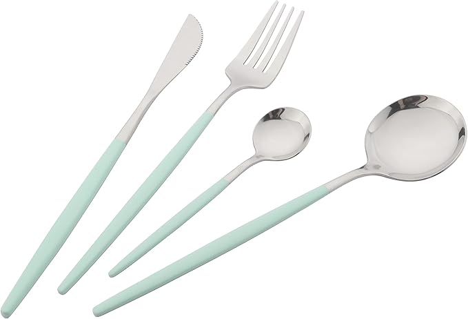 Silverware Set, 24 Pcs Stainless Steel Flatware Cutlery Set, Knives Forks and Spoons Set with Colored Handles, Rust-proof Serving Utensils, Mirror Polished, Service for 6 (Silver+Green)