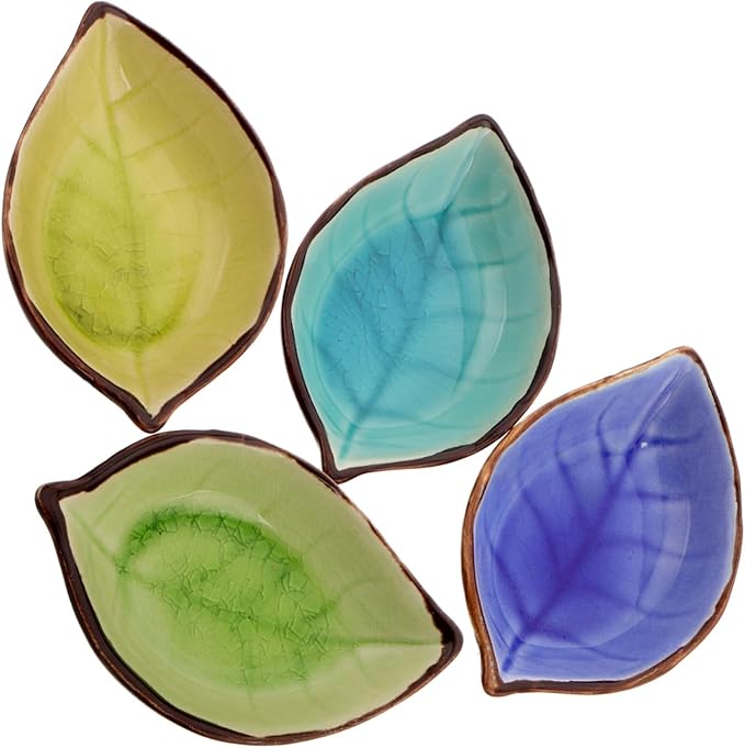 PRETYZOOM 4pcs Leaf Shape Ceramic Appetizer Plates Stylish Porcelain Dipping Bowls for Sauces Snacks and Seasonings Elegant Ice Crackle Glaze Design Yellow Lake Blue and Green