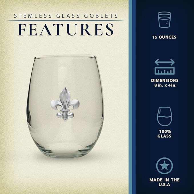 Heritage Pewter Fleur de Lis Stemless Glass Goblets – Set of 2 | 15 OZ Goblet Wine Glasses | Expertly Crafted Pewter Glass