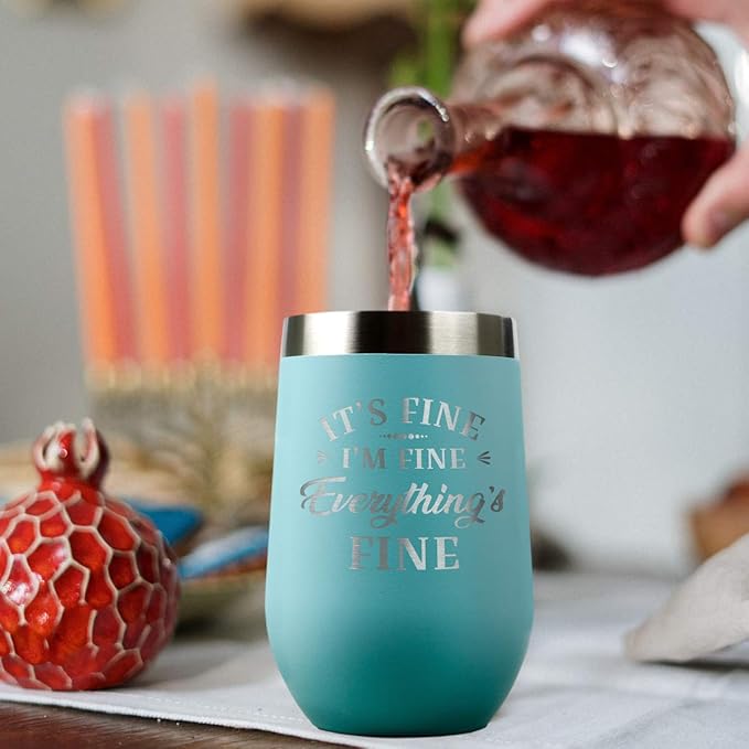 PlaqueMaker It's Fine Travel Stemless Wine Tumbler - 16-oz, Available in Black, Lilac, Teal, White, Blue, Red, Pink or Navy