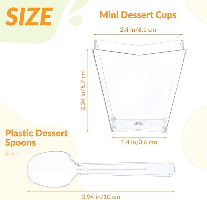 Suclain 200 Pack Dessert Cups with Spoons, 2.7 Oz Square Clear Plastic Disposable Appetizer Parfait Cups for Tasting Party Appetizers Fruit Parfait Trifle Mousse Pudding(Curved Edge)