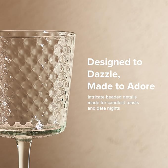 mopio Adore Beaded Wine Glasses Set of 4, 10 oz, Dishwasher Safe, Trendy Barware for Wedding, Party and Brunch, Elegant Drinkware Gifts in Eco-Friendly Packaging, Soda-Lime Glass (Greenish-blue)