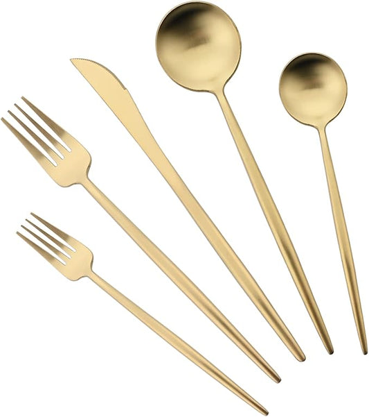 Flatware Set 18/10 Stainless Steel Matte Champagne Gold - Kitchen Utensil Serving Set of Dinner Fork Knife Spoons Salad Fork Dessert Spoon,5 Piece Set of 1 (Champagne Gold)