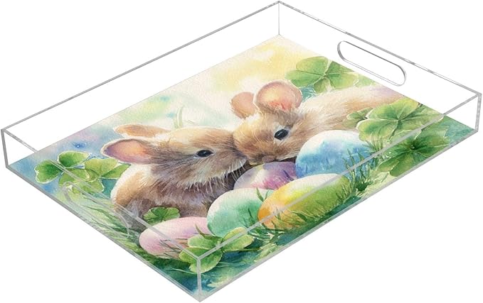 Serving Tray with Handles Clear Acrylic Tray 12x16 Inch Decorative Rectangular Tray Organizer for Ottoman Coffee Table Bathroom Watercolor Easter Bunny Clover