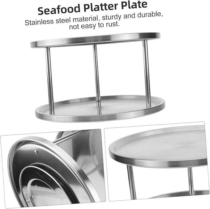 Cabilock Stainless Steel Seafood Snack Plate Double with Bracket Food Serving Tray for Restaurant Party Buffet Silver Kitchen Utensil