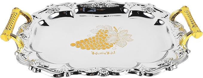 Mobestech Vintage Thickened Round Serving Tray 37Cmx28Cm Stainless Steel Dessert Serving Plate for Home Kitchen Restaurant Buffet Tea Cup Holder