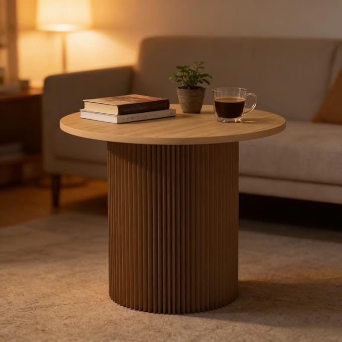 23.6 Inch Round Side Table with Detachable Kraft Paper Base – Modern Portable Accent & End Table, Space-Saving Nightstand for Small Spaces, Apartment, Bedroom, Living Room (Brown)