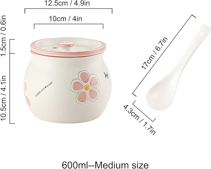 Ceramic Salt and Sugar Bowl, Porcelain Condiment Jars with Lid and Spoon, Seasoning Spice Pot Bowl, Salt Sugar Pepper Storage Jar, 600ml, Pink Flower