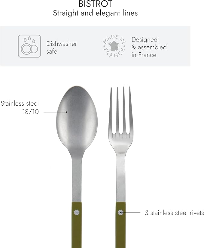 SABRE PARIS - 2-Piece Serving Set - Bistrot Vintage Collection - Large Fork & Large Spoon - Stainless Steel & Nylon - Dishwasher Safe - Fern Green - Mat Finish