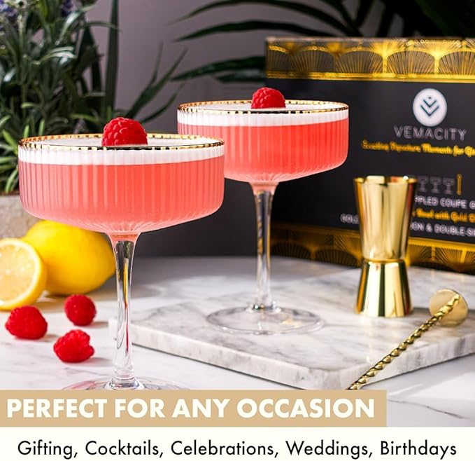 VEMACITY - Ribbed Espresso Martini Glasses Set of 4 with Gold Rims - Vintage Cocktail Glasses for Margaritas, Champagne and More - Includes Jigger & Bar Spoon | Ideal for Martinis and Cocktails