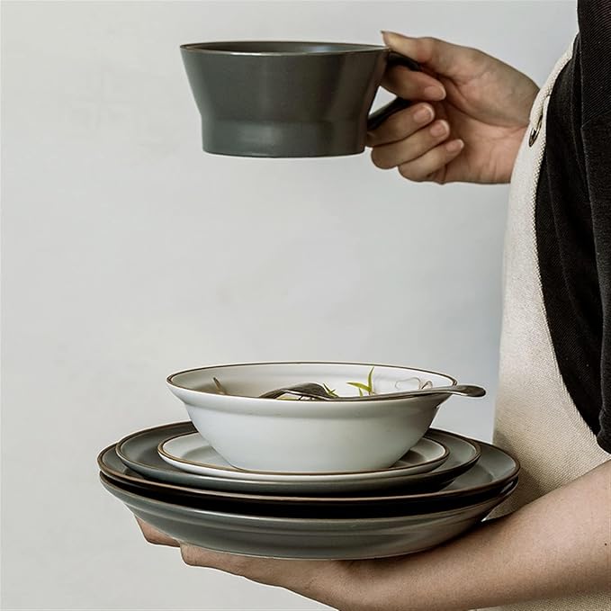 Dinner Plate Simple Ceramic Dinner Plates Creative Grey Nordic Plate Household Dishes and Bowls Porcelain Tableware for Kitchen(9 Inch Plate Black)