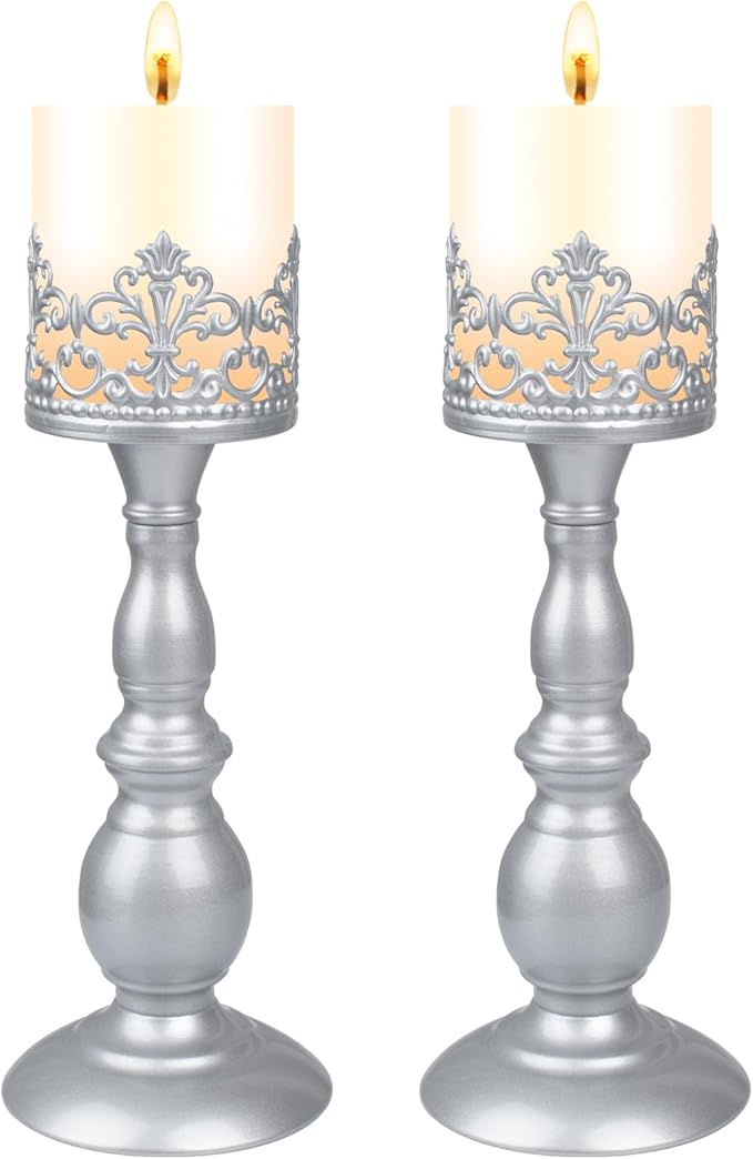 Candle Holders for Pillar Candles Gothic Matte Black Vintage Tall Candle Holders Set of 2 Decorative Large Table Centerpieces Candle Stand Decor (Pearl Silver 2PCS A)