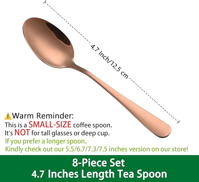 4.7 Inch Coffee Spoon,8 Pieces Rose Gold Stainless Steel Teaspoon Set,Mini Espresso Spoons,Copper Tea Spoon,Copper Seasoning Spoons