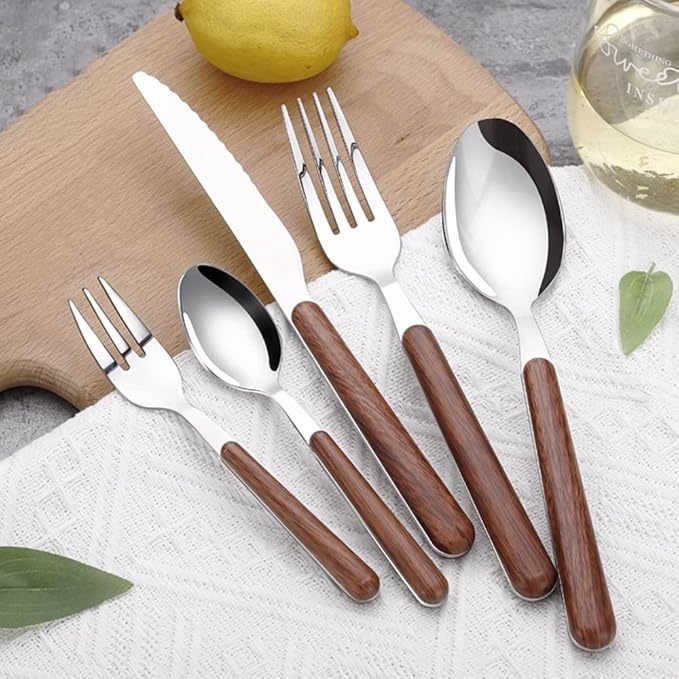 Wood Silverware Set for 6 Durable Stainless Steel Flatware Set 30 Piece Wooden Grain Cutlery Tableware Utensils Set for Home Kitchen Wedding Restaurant Knifes Forks and Spoons