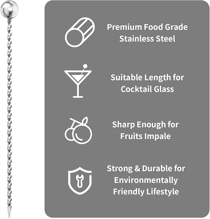 Metal Cocktail Picks 12Pack+Holder Kit, 304 Stainless Steel Toothpicks, Reusable Cocktail Skewers, Garnish Picks Bloody Mary Skewers, Martini Picks for Olives Appetizers Fruit (Thread Silvery)