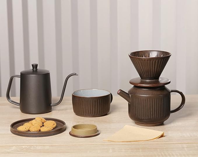 Pottery Pour Over Coffee Maker, Ceramic Cone Filter Hand Drip Coffee Dripper, Reusable Stoneware Pourover Coffee Brewer, Size 02 (Rustic Chocolate Brown)