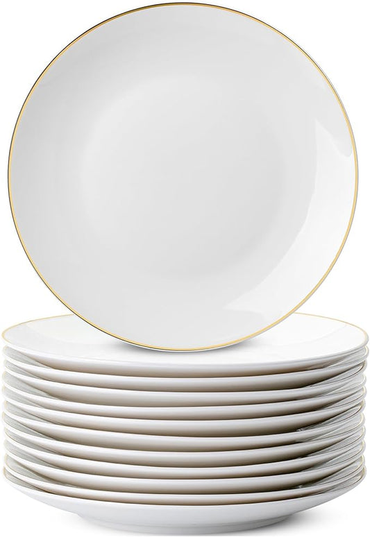 BTaT- White Dessert Plates with Gold Rim, Set of 12, 8", Porcelain, Small Plates for Appetizers