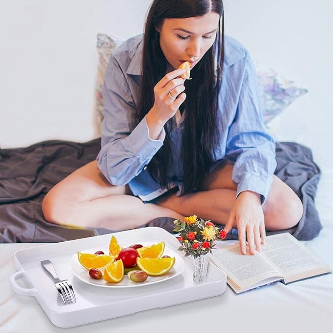 i BKGOO Foodservice White Plastic Tray with Handle Set of 2 Large Melamine Cube Serving Platters for Parties, Table, Kitchen Size(12.5"x12.5"x1")