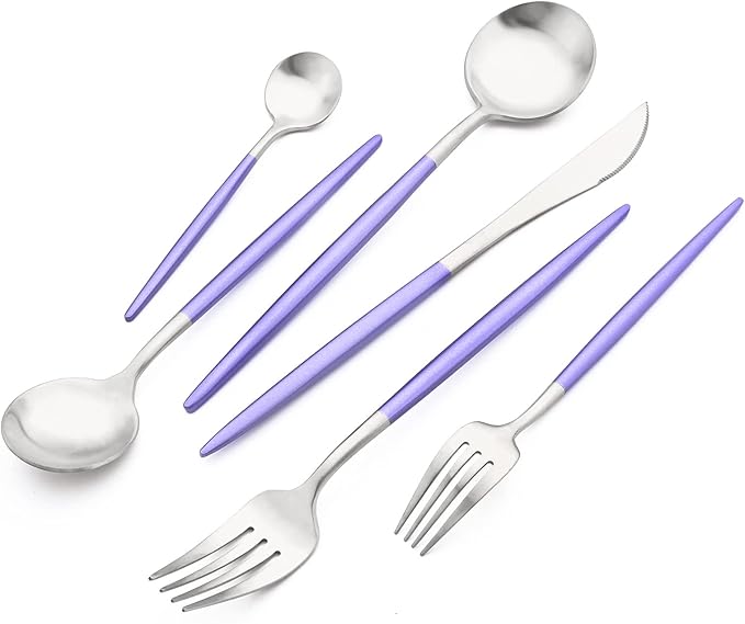 24-piece Snplowum Silver Satin Finished Serving Set, 18/10 Stainless Steel Flatware With Purple Round Hanle For Daily Use Salad Coffee Include Knife/Fork/Spoon, Service For 4 (Purple Silver)