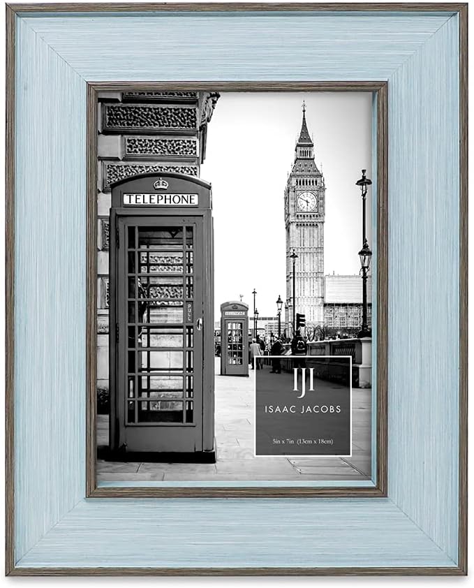Isaac Jacobs 5x7 Blue w/Brown (Vertical & Horizontal) Double Border Picture Frame w/Black Fabric Easel, Wall-Mountable, Made for Tabletop & Gallery, Home or Office (5x7, Blue W/Brown)