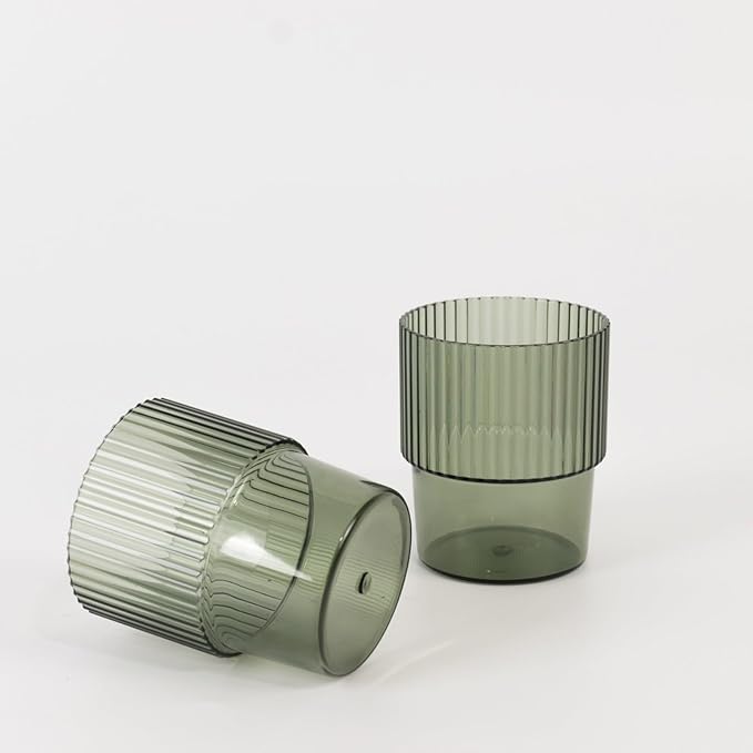 TCF Linen 12 Pack Hunter Green Plastic Tumblers, 7oz Stackable Ribbed Reusable Shatterproof Short Drinking Glasses, Elegant Origami Design for Weddings Parties Catering Cocktails