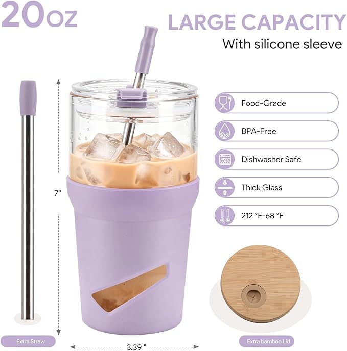 Glass Tumbler with Lids and Straws, 20 oz Iced Coffee Cup and Smoothie Cup with Bamboo Lid and On the go Lid,Glass Cups With Straws