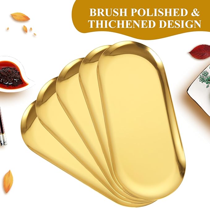 5PCS Stainless Steel Serving Tray Set Gold Platters for Serving Food Party Large Metal Trays Decorative 12" Long Plate Oval Storage Trays Thickened Serving Dishes for Entertaining Sushi Snack