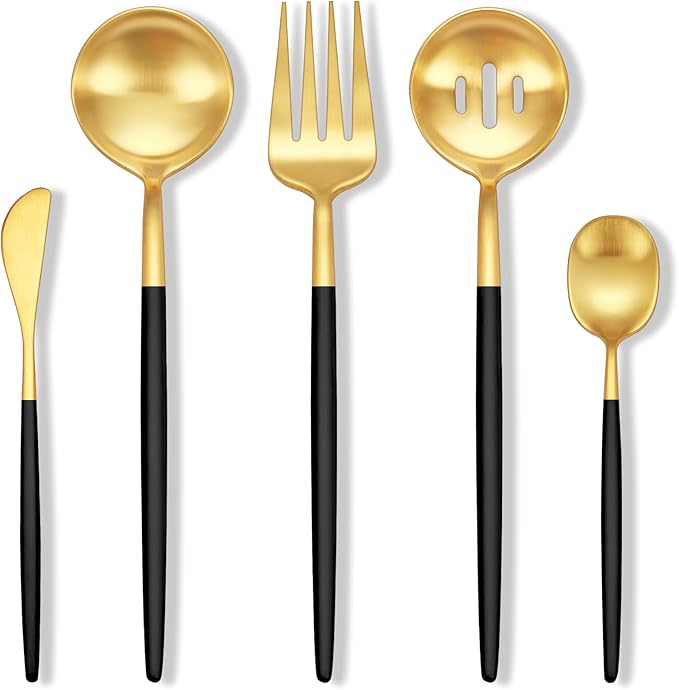 Stapava 5-Piece Black Gold Serving Utensils Set, Stainless Steel Hostess Set Include Large Spoons, Forks, Sugar Spoon & Butter Knife for Buffet Party Kitchen Restaurant, Satin Finish, Dishwasher Safe