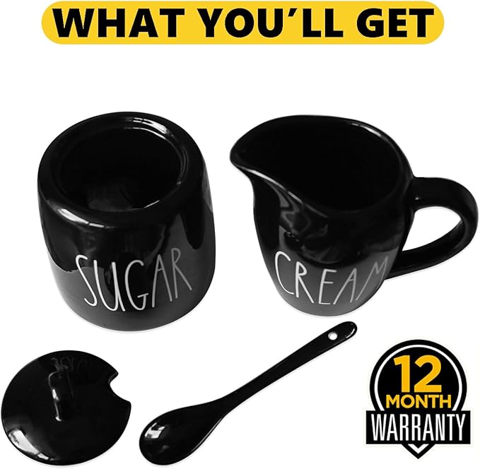 Sugar and Creamer Set, Cream Container and Sugar Holder Set for Coffee Bar, Farmhouse Sugar Bowl with Lid and Spoon, Ceramic Sugar Dispenser and Creamer Pitcher Set for Countertop (Black)