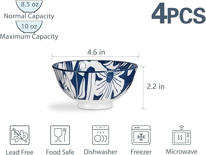 ONEMORE Ceramic Soup Bowls, 10 oz Cereal Bowls Set of 4, Blue Porcelain Bowls for Dessert, Ice Cream, Fruit, Scratch Resistant, Microwavable Dishwasher & Oven Safe, Stackable Kitchen Bowls