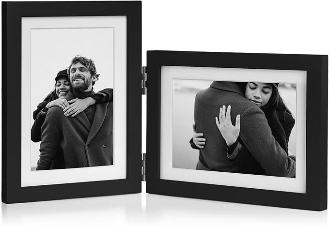 5X7 Double Wooden Hinged Picture Frame Vertical and Horizontal in Black, Display 4x6 with Mat or 5x7 without Mat, Folding Photo Frame with Real Glass Front for Tabletop P-HEI-SH57
