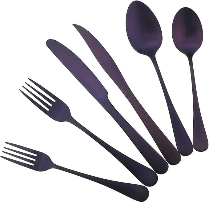 Gugrida 24-Piece Titanium Purple Plated Stainless Steel Flatware Set, Travel Cutlery Include Knife Fork Spoon Service for 4,Healthy & Eco-Friendly Silverware - Matte Elegant Modern Eating Utensils