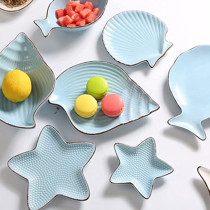 Sauce Dish Set of 2 Sauce Dish Ocean Starfish Shell Fish Shape Ceramic Appetizer Plates Snack Fruit Sushi Dessert Jewelry Plates Dinnerware Trays Home Decoration Dip Bowl (8.27x5.31in)