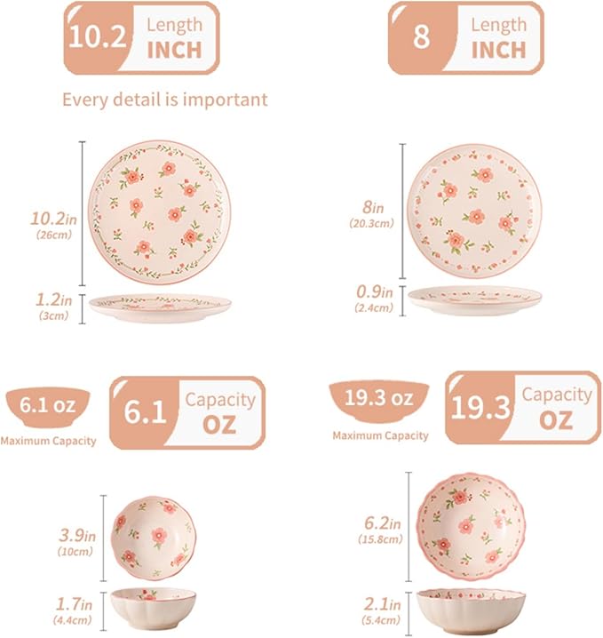 16 Pieces Gourmet Porcelain Dinnerware Sets, Premium Plates and Bowls Set, High-Fired Ceramic Dishes Set for 4, Microwave Dishwasher Safe, Pink Peach Blossom Pattern.