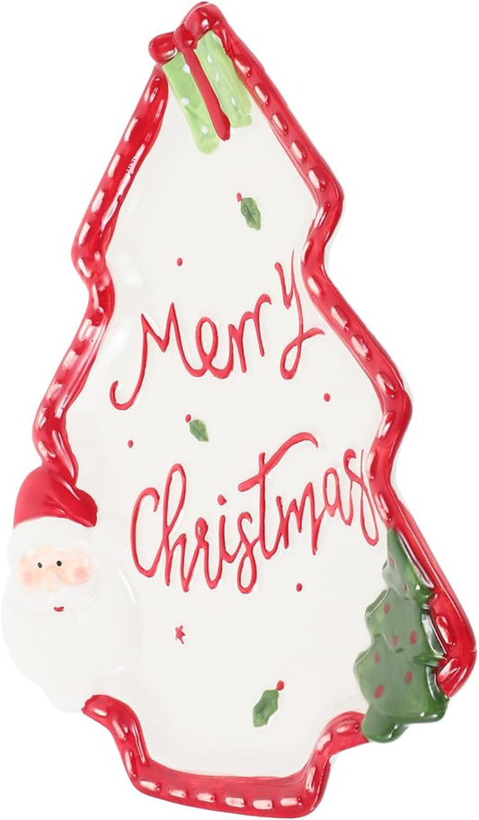 Cabilock Christmas Tree Ceramic Plate Hand-painted Santa Claus Dessert Dish for Condiments Snacks and for Festive Table Settings Medium